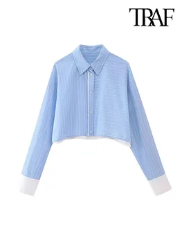 TRAF Moterų Mados Dryžuotas Popelinowy Apkarpytos Vintage Marškinėliai ilgomis Rankovėmis Mygtuką-up Moteriškos Palaidinės Blusas Prašmatnus Viršūnės