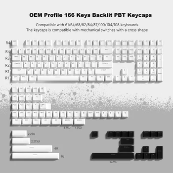 166 Klavišą PBT Keycaps Baltas LANKAS Double-shot Apšvietimu RGB OEM/XVX Profilis Pagrindiniai Bžūp Cherry MX Jungikliai Mechaninė Žaidimų Klaviatūra