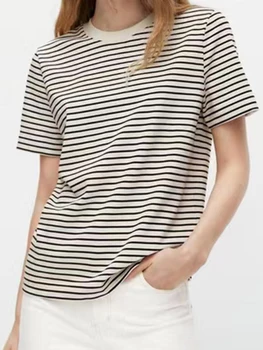 2023 Naujas Dryžuotas marškinėliai Moteris Vasarą Apvalios Kaklo Klasikinis Paprastas trumpomis Rankovėmis Viršūnes Tees Moterų Mados Atsitiktinis Tee Marškinėliai Drabužių