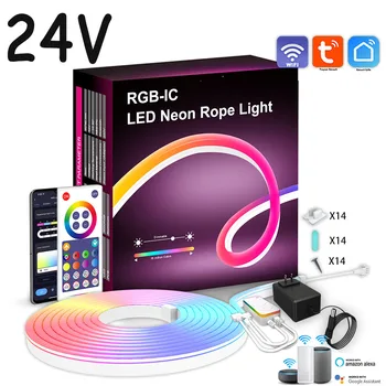 24V RGBIC LED Neon Juostelės Žibintai Svajonė Spalvų Vaivorykštė Vandeniui RGB Lanksti Lempa Juosta Bluetooth/Tuya APP WiFi Kontrolės Alexa 3/5M