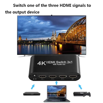 3x1HDMI Perjungiklis Su Audio Extractor Optinis Toslink SPDIF Išėjimas Paramos 4K 3D 1080P HDMI, PIP Jungiklis 4k