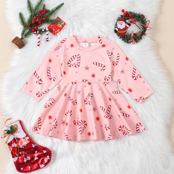 Bamblys Baby Girl Kalėdų Przybornik Saldainiai Cukranendrių Suknelė ilgomis Rankovėmis Tunika-line Suknelės Kalėdų Suknelė