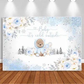 Blue Bear Baby Shower Backdrops Fotografijos Snaigės Gėlėmis Berniukas Gimtadienio Photocall Fono lauke Šalta Reklama