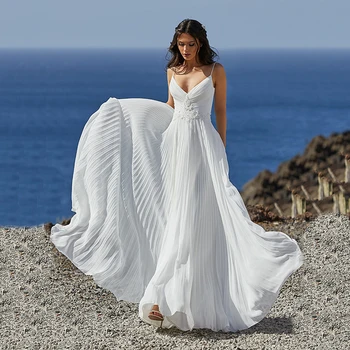 Boho Vestuvių Suknelės 2022 Spagečiai Dirželiai Backless Šifono Paplūdimio Appliques Vestuvinės Suknelės Paprasta Chalatas De Mariee
