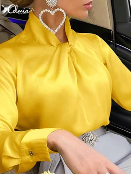 Celmia Satino Geltonos Palaidinės Moterims 2023 Mados Susukti Apykaklės Įžymybės Marškinėliai Office Lady Ilgomis Rankovėmis Šalies Blusas Tunika Viršūnes