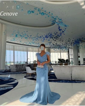 Cenove-Line Plunksnų Ilgai Vakare Gown Oficialaus Princess V-Kaklo, Elegantiška Prom Mėlyna Naujų Šalis Suknelės Moterims 2023