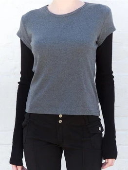 Du-in-one Medvilnės marškinėliai Moterims Rudens Žiemos Drabužių ilgomis Rankovėmis Tee Marškinėliai Mados Atsitiktinis Y2k Streetwear Slim Viršūnes Moterų 2023
