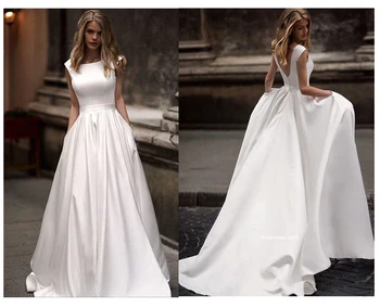 Dėl Zhu Vestido de novia Satino Vestuvių Suknelės 2023 Su Kišenėje Balti Berankoviai Vestuvinės Suknelės Grindų Ilgis Vestuvių Suknelės vestidos