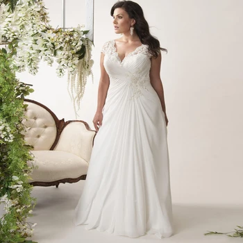 Elegantiškas 2023 Vestuvių Suknelės Akcijų Bžūp Rankovėmis V-kaklo, Klostyti Nėrinių Aplikacijos Šifono Paplūdimio Vestuvių Suknelė Plius Dydis Vestido De Novia