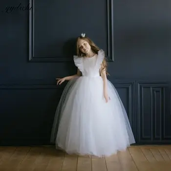 Elegantiškas Princesė Baltos Spalvos Gėlių Mergaičių Suknelės, Vestuvių 2023 Tiulio Reljefiniai O-Kaklo Baby Vaikų Gimtadienio Pirmos Komunijos Suknelės