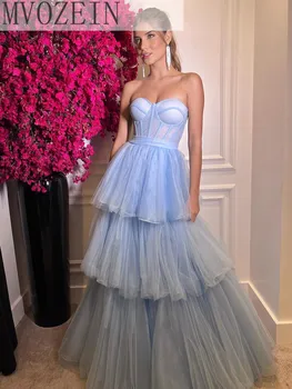 Elegantiškas Vakarinę Suknelę Ilgai Šviesiai Mėlyna Prom Dresses 2023 Tiulio Reljefiniai Šalis Suknelės Oficialią Suknelės Backless