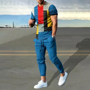 Geometrijos 3D Spausdinimo T Marškinėliai Kelnės Nustatyti Vasaros vyriški T-shirt Ilgas Kelnes Tracksuit 2 vnt Streetwear Negabaritinių Sportiniai Kostiumai