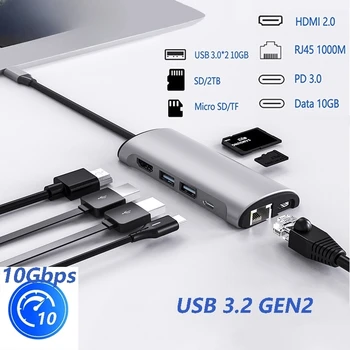 HDMI, RJ45, Ethernet PD100W į 8in1 10Gbps USB C HUB 4K60Hz Tipas C, MacBook, iPad, Huawei Sumsang PC Tablet Telefono USB 3.0 HUB