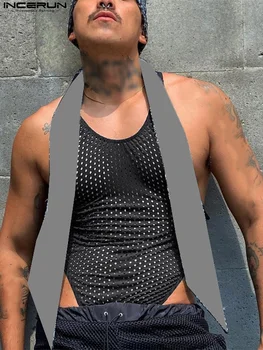 INCERUN 2022 Seksualus Laisvalaikio Stiliaus Naujas Vyrų Onesies Patogus Homewear Kvėpuojantis Akių Ruožas Trikampio Rankovių Bodysuits S-5XL