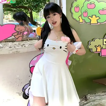 Kawaii Sanrio Mielas Suknelė Hellokitty Siuvinėjimas Medvilnės Plonas Baltas Saldus Maža Suknelė su Stereoskopinis Pliušinis Lankas