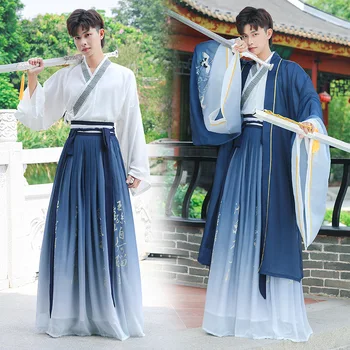 Kinų stiliaus nemirtingas vyrų gradientas mėlyna didelis rankovėmis retro vyrų drabužiai tradicinių Hanfu Specialios paskirties