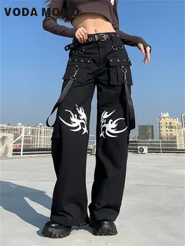 Korėjos Mados Streetwear Punk Stiliaus Plati 90s Drabužius Gotikos Tvarstis Moterų Dad Kojų Kelnės DarkVintage Streetwear Atsitiktinis Kelnės