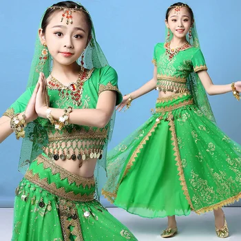 Kostiumas Nustatytas Vaikas Indijos Šokių Suknelė Pilvo Šokių Drabužius Etapo Rezultatus Šifono Kostiumas 4Pcs/Set sari enfant mergina