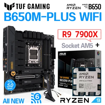 Lizdas AM5 Cpu Ryzen 9 7900X Rinkinys AM5 Mainboard DDR5 ASUS TUF ŽAIDIMŲ B650M PLIUS WIFI, 6 USB 4 PCIe 5.0 M. 2 SSD AMD B650 Desktop