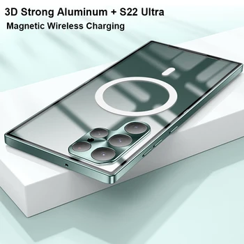 Magnetinio Belaidžio Įkrovimo Atveju, Samsung Galaxy S22 Ultra S23 S21 Plius S20 FE Metalo Bamperis Aliuminio Skaidrus Telefono Dangtelį