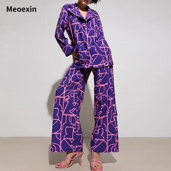 Meoexin Mados tendencija Violetinė spausdinti atvartas Sleepwear ilgomis rankovėmis marškinėliai, Ilgos kelnės tinka Moterų palaidų montavimo patogiai namuose dėvėti