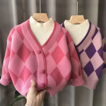 Mergaičių Sutirštės Megztinis 2022 M. Žiemos Nauja Vaikų Kūdikių Netikrą Diamond Dviejų dalių Megztas Dugno Marškinėliai