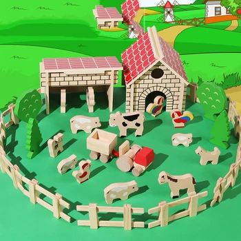 Mini Šeimos Ūkyje Doll House Vaikams, Mediniai Gyvūnų Karvė Mažylis Pen Kūdikių Kūrimo Bloką Žaislas