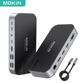 MOKiN USB Tipo C Laptop Dock 4K Dual HDMI, Display Port VGA, RJ45, USB, C Docking Station 