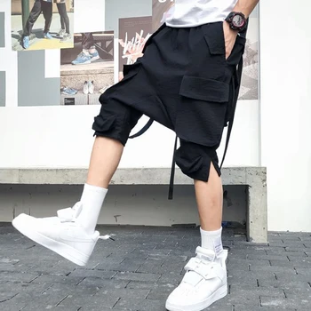 Multi Kišenės Juostelės Krovinių Šortai Vyrams Harajuku Hiphop Kelnes Korėjos Stiliaus Atsitiktinis Šortai Streetwear Retro Vintage