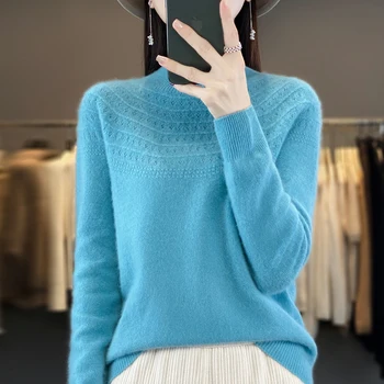 Nauja rudens ir žiemos megztinis moterų pusę-aukštos kaklu tuščiaviduriai megztinis ilgomis rankovėmis 100% vilna pirmoje eilutėje ready-to-wear megztinis