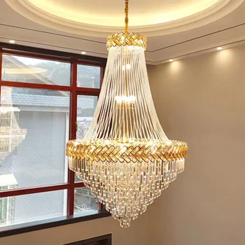Naujas Didelis Dekoratyvinis Aukštos Lubos lempos Luxury Gold Crystal Ilgos Grandinės Fojė Villa Laiptinės Koridorius Liustra Dvigubai Pastate