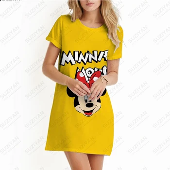 Naujas Disney 3D Spausdinimo Temperamentas Vidutinio Ilgio Apvalios Kaklo trumpomis Rankovėmis T-shirt Dress Moterų Mickey Mouse Mados-line Suknelė