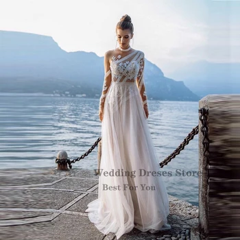 OLOEY 2023 Paplūdimio Boho Vestuvių Suknelė Nuotakos Nėrinių Aplikacijos ilgomis Rankovėmis Linijos, Kaimiškas Nuotakos Suknelės, Elegantiškos Elegantiškas Chalatas de mariee