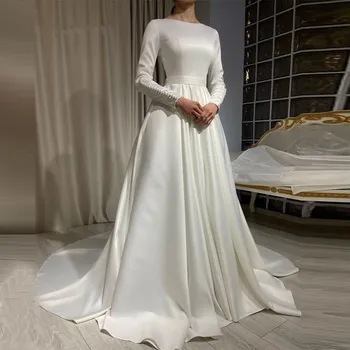 Paprasta Ilgomis Rankovėmis Vestuvių Suknelės Moterims 2023 Linijos Samtelis Kaklo Elegantiškas Satino Vestuvinės Suknelės Musulmonų Apdaras De Mariée Užsakymą