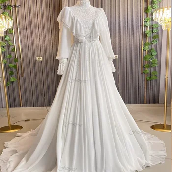 Prabanga Aukšto Kaklo Dubajaus Musulmonų Vestuvių Suknelės Nuotaka 2024 ilgomis Rankovėmis-Line Duobute Šifono Užsakymą Princesė Vestuvinės Suknelės