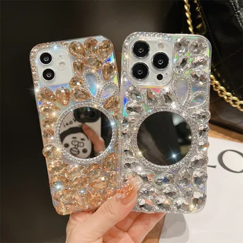 Prabangos Prekės Veidrodis Kristalų Blizgučiai Deimantas Telefono dėklas Skirtas IPhone 14 13 12 11 Pro Max XR XS X 7 8 Plus SE 2020 Mini Moterims Padengti