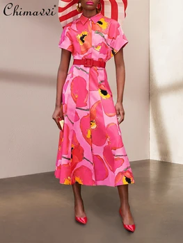 Prancūzijos Suknelę, Retro Romantika Rožinė Spausdinti Midi Suknelė 2023 Vasaros Suknelės Naujas Elegantiškas Vieno-Paruošta-Line, Moteriška Suknelė Moterims