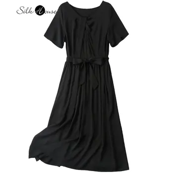 Prancūzų Stiliaus Šilko Suknelė trumpomis Rankovėmis Dizaino Aukštos Juosmens Suvynioti Krūtinės Šilko V-Kaklas Vidutinio Ilgio Moterų Šalies vakarinę Suknelę