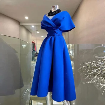 Royal Blue Vintage Prom Dresses Dėmių-Line Klostyti Arbatos V-Kaklo, Vakaro Suknelės Chalatai De Soirée Moterų 2023 فساتين السهرة
