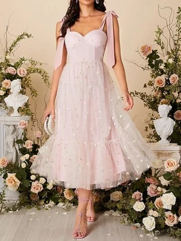 Rožinės spalvos Gėlių Siuvinėjimas Kaklaraištis Peties Pynimas Hem Bustier Oficialią Suknelės Vestuvių Svečių Chalatai Gimtadienio Suknelė Moterims