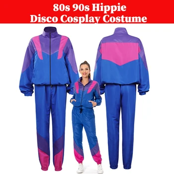 Suaugusių Moterų, 80-ųjų, 90-ųjų Hipių Diskoteka Cosplay Sportwear Retro Kostiumų Komplektus, Mėlyna Viršūnes Kailio Kelnes Nustatyti Helovinas Šalis Nuslėpti Kostiumai
