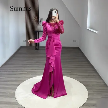 Sumnus Hot Pink Undinė Saudo Arabų Vakaro Suknelės Ilgomis Rankovėmis Blizgančiais Karoliukais Oficialų Renginį Suknelė Pusėje Ritininės Dubajus Prom Chalatai