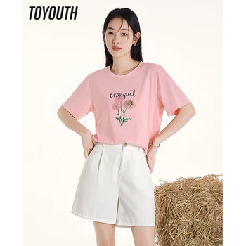 Toyouth Moterys T-shirt 2023 Vasaros trumpomis Rankovėmis Apvalios Kaklo Prarasti Tees 3D Gėlių Spausdinti Grynos Medvilnės Komforto Atsitiktinis Chic Viršūnės