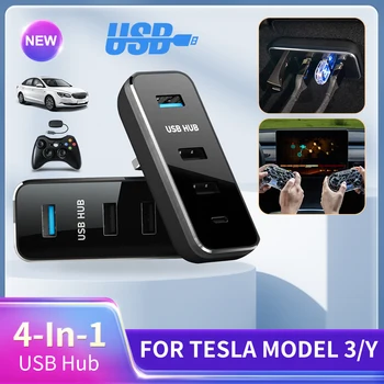 Už Tesla Modelis 3 Modelis Y USB Hub 4 1 Docking Station Daiktadėžė USB Skirstytuvo Extension Adapter Greitas Įkroviklis, Auto Priedai