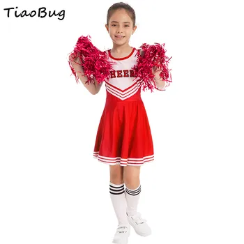 Vaikų Mergaičių Cheerleaders Drabužių Nustatyti Rankovių Apvalia Iškirpte, Letter Spausdinimo Kratinys Stilių Šokių Suknelė Gėlių Ir Kojinės