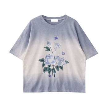 Vasaros Derliaus Blue Rose Spausdinti Kaklaraištis-Dažytos Medvilnės marškinėliai Prarasti Viršų
