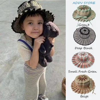 Vasaros vaikų ir Tėvų Lankstymo Šiaudų Skrybėlę Vaikų Rankų darbo Pledas Geometrinis Modelis Šiaudų Saulės Kepurės Lankas Mazgas Plataus Karnizo Flat Top Hat