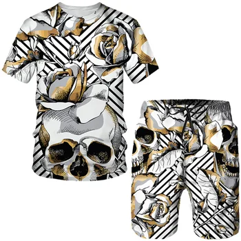 Vasaros Vyrų Skeletas 3D Atspausdintas T-shirt/Shorts/Kostiumas Goth Punk Stiliaus Atsitiktinis Hip-Hop Street Asmenybės Drabužius 2-piece Set