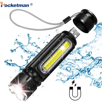 Šviesus Mini LED Žibintuvėlis USB Įkrovimo Kišeninis Žibintuvėlis, Baterija, Galingas T-6 COB Šoninis apšvietimas linterna Uodega Magnetas Darbo FishLight